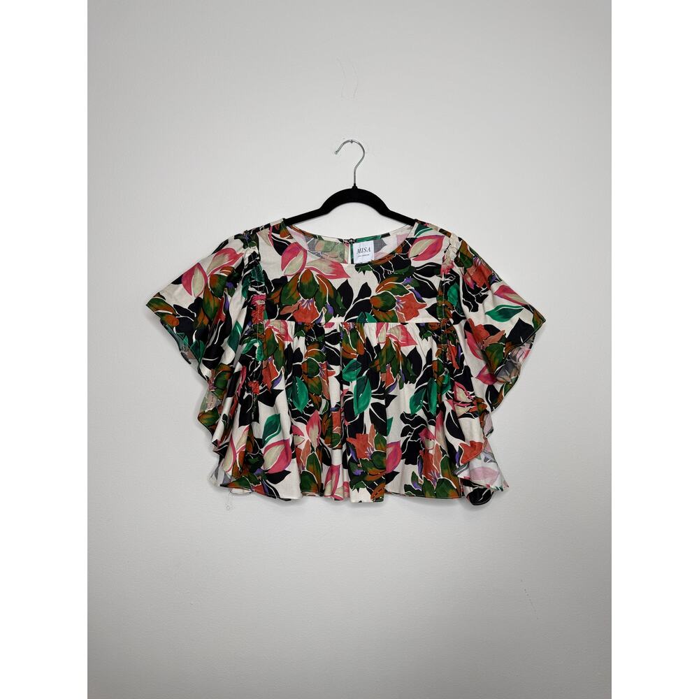 NWT MISA Los Angeles Floral Ruffle Sleeve Top Size L Cotton Vacation Blouse - Picture 3 of 10